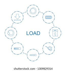 8 load icons. Trendy load icons white background. Included line icons such as loading, battery, download, wheelbarrow, washing machine on sale. load icon for web and mobile.