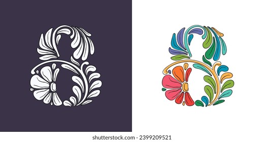 8 logotipo. Número ocho con patrón botánico y floral. Hojas tradicionales y líneas curvas adornadas con bordado. Icono para la ceremonia de bodas, tarjetas de felicitación antiguas, identidad de cumpleaños, invitaciones para fiestas