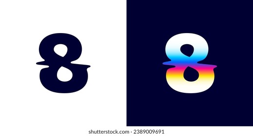 8 logotipo. Número ocho con brillo de color. Estilo de doble exposición neón. Signo de gradiente multicolor con holograma y efecto de ilusión. Icono de vector de cambio de color brillante para etiquetas de vida nocturna, pantallas de juego.