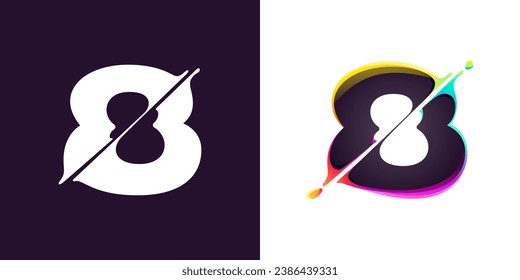 8 logotipo. Número ocho con distorsión cibernética, efecto de cambio de color. Tipo de letra de doble exposición. Icono de la ilusión del fallo neón. Colorido tipo para el encabezado de tecnología futurista, afiche musical, vibrante banner de venta.