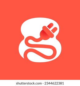 8 logotipo. Número ocho con logotipo de enchufe eléctrico. Icono negativo de la tecnología espacial. Concepto de energía eléctrica. Vector de identidad de vehículos eléctricos, vehículos híbridos ecológicos, punto de carga y accesorios.