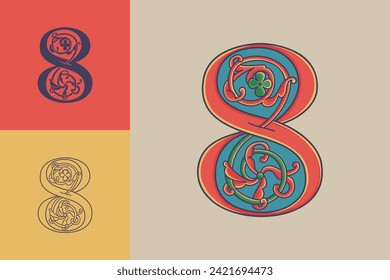 8 logotipo. Número ocho inicial con cepas rayadoras de la planta de cardo. Captura de gota de carta negra medieval basada en manuscrito bohemio. Emblema iluminado con colores tenues de estilo románico. Monograma de sello de cera.