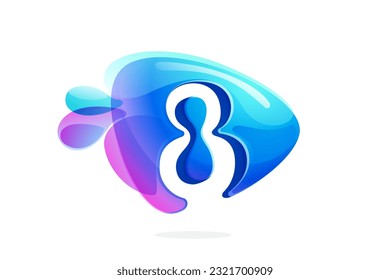 8 logo. Number eight made of spring water and dew drops. Environment friendly initial. Pure eco emblem in overlapping watercolor style. 3D realistic icon in triangle arrow shape. Vector play button.