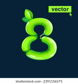 8 logotipo. Número ocho hecho de globos retorcidos. Rentabilidad 3D ecológica con hojas verdes. Elementos vectores al estilo de las caricaturas. Banner perfecto para la naturaleza, etiquetas de comida saludable, jardín y hierba.