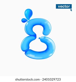 8 logotipo. Número ocho hecho de agua azul clara y gotas de rocío. Globos retorcidos 3D ecológicos. Elementos vectoriales en forma de caricatura de plástico. Banner perfecto para la naturaleza pura, etiquetas de filtro sanas