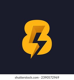 8 logotipo. Número ocho con relámpagos espaciales negativos. Monograma de vector de flash. Icono de perno eléctrico. Tipo perfecto para etiquetas de energía, impresión de superhéroes, afiches de música rock, arte de entrega, adv electromóvil.