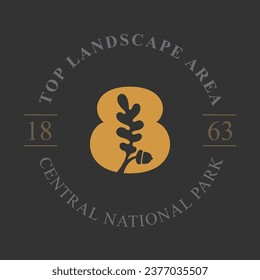 8 logotipo. Número ocho con hoja de roble y bellota. emblema de círculo de estilo espacial negativo. Icono vectorial para su identidad ecológica, marca real, símbolo de la naturaleza orgánica, escudo de armas universitario, etiqueta vintage.