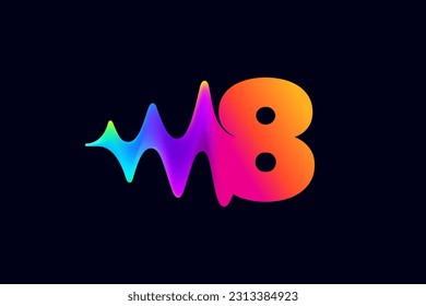 8 logo. Number eight logo with pulse music player element. Vibrant sound wave flow line and glitch effect. Neon gradient icon. Vector for techno store, electronic music, audio equalizer, DJ posters.