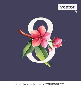 8 logo. Number eight with Sakura blooming flowers. Vector realistic watercolor style. Pink cherry petals, bud, branch, and green leaves. Perfect for wedding invitations, Valentine's Day cards.