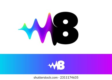 8 logo. Number eight with sound wave flow. Vibrant line glitch effect. Multicolor neon gradient icon. Vector font for audio label, multimedia advertising, DJ posters, game screens, music identity.