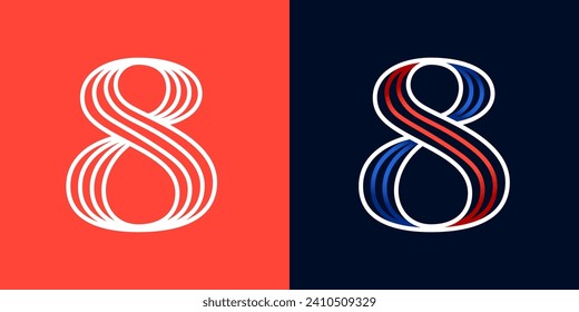 8 logo. Number eight sport style icon. Blue and red lines font. Patriotic emblem for Independence Day. Serif type for college baseball team, basketball uniform, vintage style headlines, motor magazine