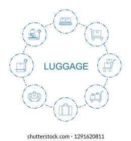 8 luggage icons. Trendy luggage icons white background. Included line icons such as luggage scan, cargo on cart, lugagge weight, backpack, weight. icon for web and mobile.