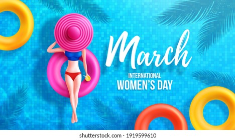 8 Mach Women's Day Poster or banner by symbol of 8 from women on round pool floats and big hat in the swimming pool.Promotion and shopping template for Women's Day and summer concept.