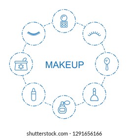 8 makeup icons. Trendy makeup icons white background. Included outline icons such as eyeshadow palette, perfume, eyelashes, eyelash, spa bag, lipstick. makeup icon for web and mobile.