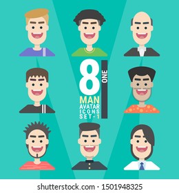 8 Man Avatar icons.Variety of Young People - set 1. With a variety of characters including face, dress, and unique style.You can choose and can be used easily. flat design modern vector illustration