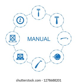 8 manual icons. Trendy manual icons white background. Included filled icons such as razor, info, camera mode, cargo on palette. manual icon for web and mobile.