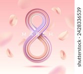 8 March background with 3d colorful number and petals. International Womens Day vector holiday banner. 