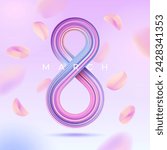 8 March background with 3d colorful number and petals. International Womens Day vector holiday banner. 