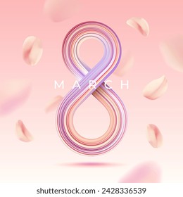 8 March background with 3d colorful number and petals. International Womens Day vector holiday banner. 