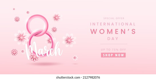 Antecedentes o cartel del 8 de marzo. Decoración floral de día internacional de la mujer en estilo de arte de papel con flores realistas. Tarjeta de saludo de tono rosa pastel. Ilustración del vector