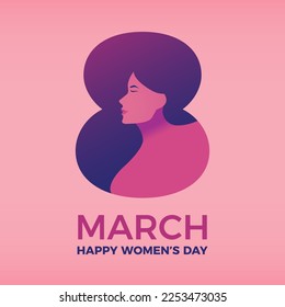 8 march background design. Happy international women's day vector web banner. Graphic illustration with woman's face silhouette inside number 8. Calligraphic text