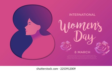 Diseño de fondo de 8 de marzo. Feliz Día Internacional de la Mujer vectorial, pancarta web. Ilustración gráfica con silueta de cara de mujer dentro del número 8. Texto caligráfico