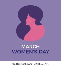 8 march background design. Happy international women's day vector web banner. Graphic illustration with woman's face silhouette inside number 8. Calligraphic text