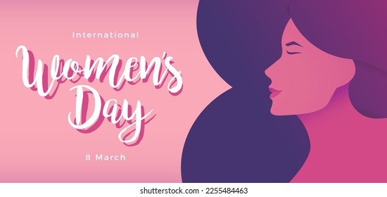 8 march background design. International women's day vector web banner. Graphic illustration with woman's face silhouette inside number 8. Calligraphic text