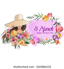 8 march background with flower and beautiful young woman face. Pink and violet watercolor backdrop. Spring, fashion, chic holiday card, banner design.