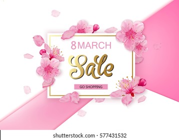 8 march background with flowers. Season discount banner design with cherry blossoms and petals. 