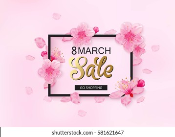 8 march background with flowers. Season discount banner design with cherry blossoms and petals. 