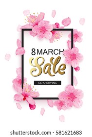 8 march background with flowers. Season discount banner design with cherry blossoms and petals. 