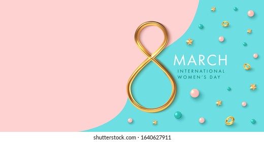 8 of march background with golden eight and decor in realistic vector design. Beautiful international women holiday promo. Romance greeting web banner layout template.