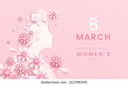 8 march background. International women's day floral decorations in paper art style with frame of flowers and leaves. Greeting card on pastel pink tone. Vector illustration