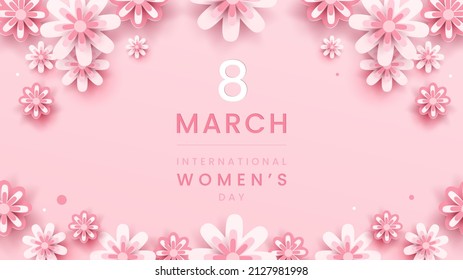 8 march background. International women's day floral decorations in paper art style with frame of flowers Greeting card on pastel pink tone. Vector illustration