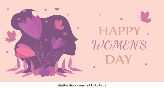 8 march background. International women's day floral decorations in paper art style with frame of flowers and leaves. Greeting card on pastel pink tone. Vector illustration