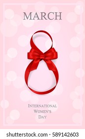 8 march background. International Women's Day gift box with red ribbon and bow. Vector illustration.