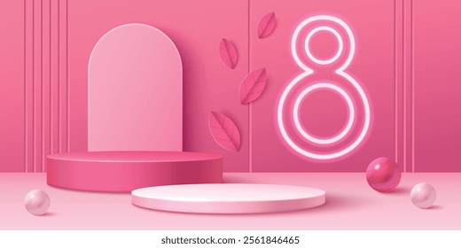 8 March background with pink round podium and pearls. Vector realistic illustration of holiday promo banner with neon figure, beads, arch, leaves decoration, cosmetic, perfume, gift presentation stage