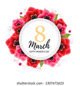 8 march background with red and pink tulip flowers. Realistic floral wreath. Happy women's day card design vector illustration