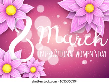 8 March background with volumetric flowers. Vector illustration in hand-drawn style.