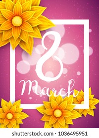 8 March background with volumetric flowers. Vector illustration in hand-drawn style.