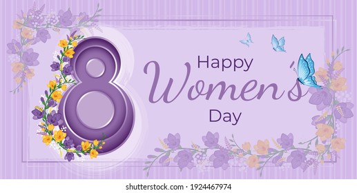 8 March banner. Flower frame with purple freesia, yellow freesia and butterfly. Happy Women's Day.