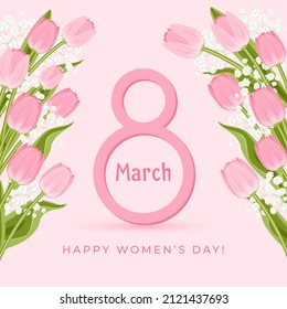 8 March banner. Flower frame with light pink tulips and white flowers on pink background. Happy Women's Day greeting card.