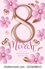 Banner del 8 de marzo con número 3d dorado y flores pastel. Tarjeta de felicitación del día de la mujer