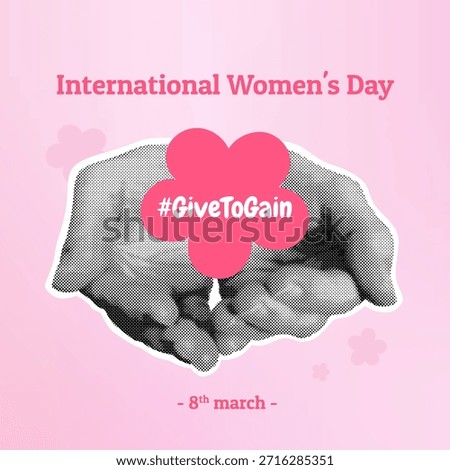 8 march banner with half tone hands giving abstract flower. Iwd collage. Give to gain slogan. International Women's day card, feminine vector illustration, gradient pink background.