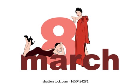 8 March banner, international women's day, fashion girl figure, hand drawn vector illustration 