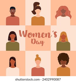 8 March. Banner International Women's Day in bauhaus style. Women of different ethnicities together. Girl power. Happy women's day faceless vector illustration for card, poster, social media