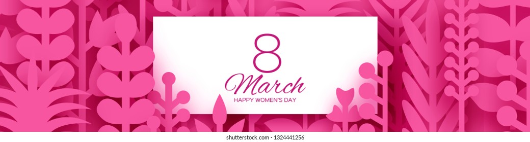 8 March Banner. Origami Spring Flowers for Happy Womens day. Mixed Pink Paper cut outs plants, flowers, tropical leaves. Rectangle frame for text. Mothers Day. Happy holidays.