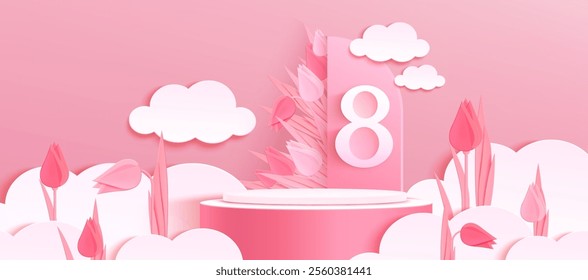 8 March banner with pink round podium and clouds. Vector realistic illustration of holiday promo background with white figure, tulip flowers decoration, cosmetic, perfume, gift presentation stage