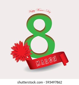 8 March banner with text and flower isolated on white background.Vector illustration.